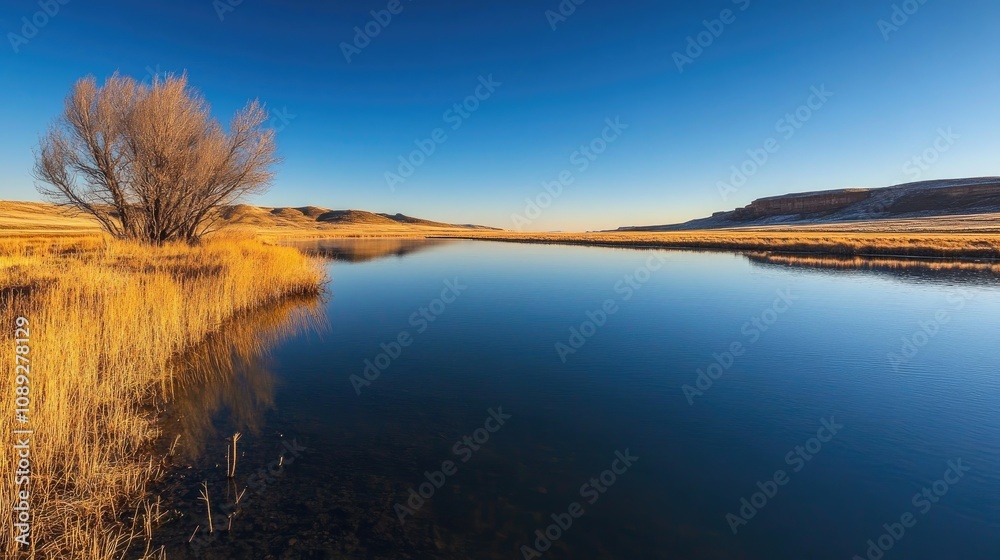 Tranquil river reflecting a clear blue sky with golden grasses and a solitary tree on the banks surrounded by gentle hills and open land. Tranquil river reflecting a clear blue sky with golden grasses and a solitary tree on the banks surrounded by gentle hills and open land.