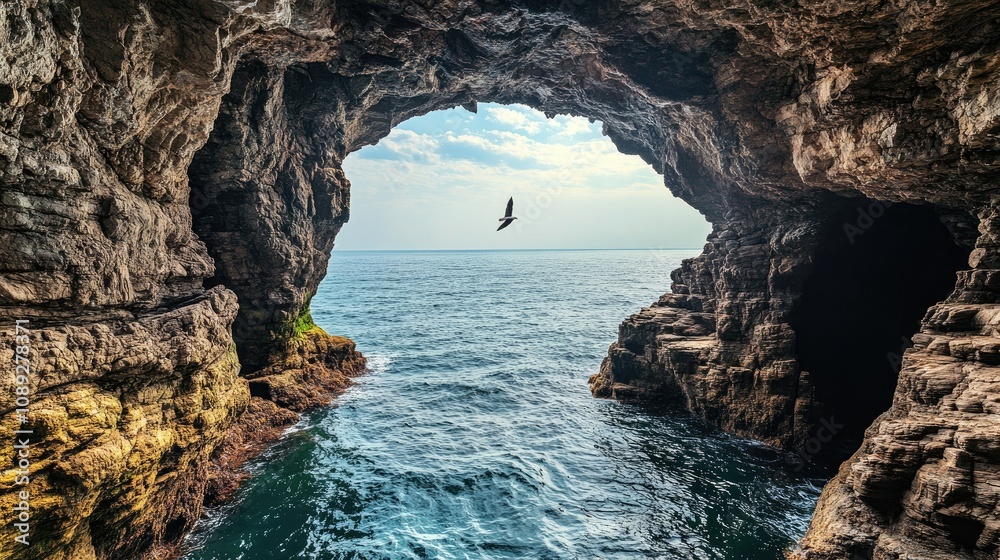 Obraz premium Aerial perspective of untouched sea caves with a soaring seagull, highlighting stunning coastal rock formations and tranquil waters.