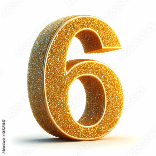 Golden 3d number 6 in glitter texture isolated on white background photo