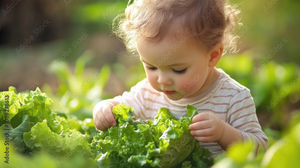 Toddler exploring fresh lettuce in a sunlit vegetable garden, surrounded by vibrant greens and delicate sunlight filtering through leaves. Toddler exploring fresh lettuce in a sunlit vegetable garden, surrounded by vibrant greens and delicate sunlight filtering through leaves.