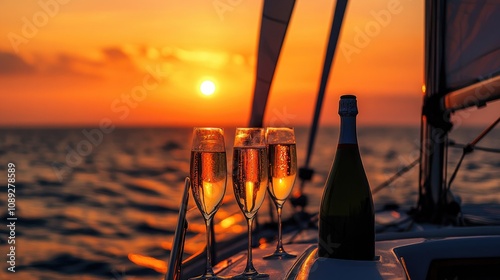 Champagne glasses and a bottle on a sailboat at sunset, capturing the joyful essence of summer celebrations and unforgettable holiday moments. photo