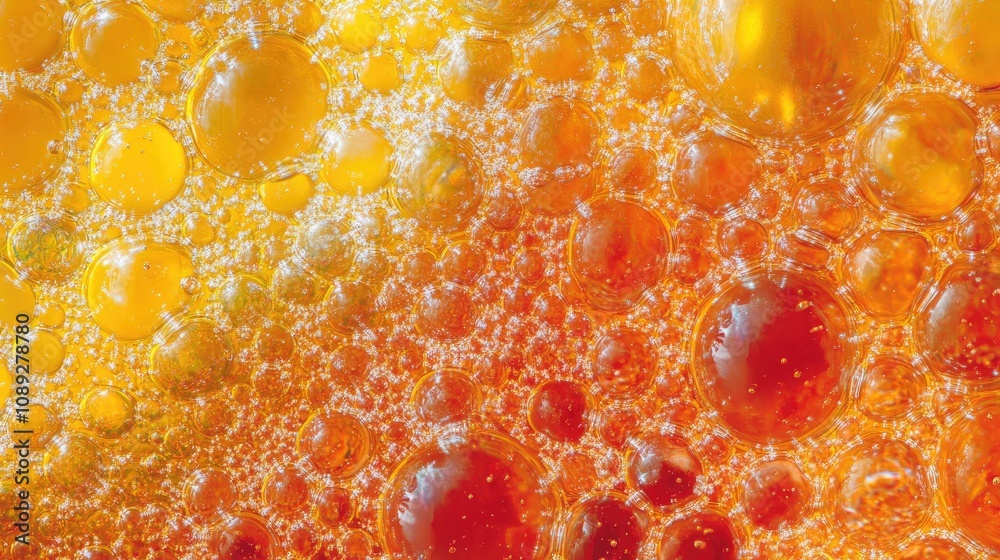 Vibrant close-up of liquid droplets creating colorful bubbles and molecules in shades of orange and yellow sparkling against a blurred background Vibrant close-up of liquid droplets creating colorful bubbles and molecules in shades of orange and yellow sparkling against a blurred background