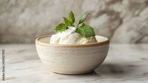 Handcrafted Vanilla Ice Cream Garnished with Fresh Mint Leaves in a Rustic Ceramic Bowl on a Light Marble Surface