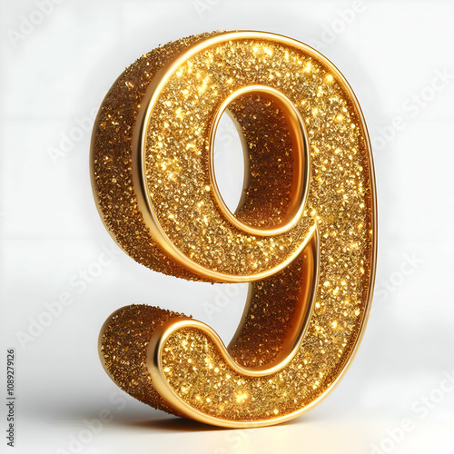 Golden 3d number 9 in glitter texture isolated on white background photo