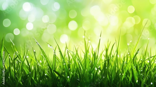 Close up of vibrant green grass enhanced by sparkling water droplets in sunlight, creating a fresh and lively post-rain scene with a soft bokeh background.