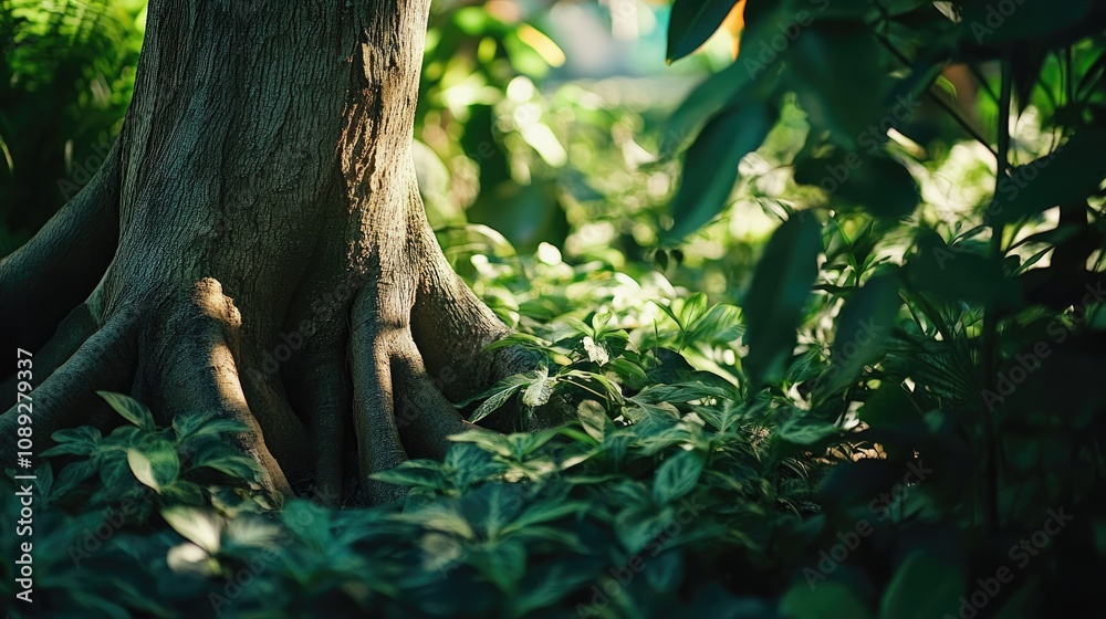 Beech tree trunk with intricate textures, surrounded by vibrant green foliage and soft light filtering through leaves, creating a serene natural atmosphere. Beech tree trunk with intricate textures, surrounded by vibrant green foliage and soft light filtering through leaves, creating a serene natural atmosphere.