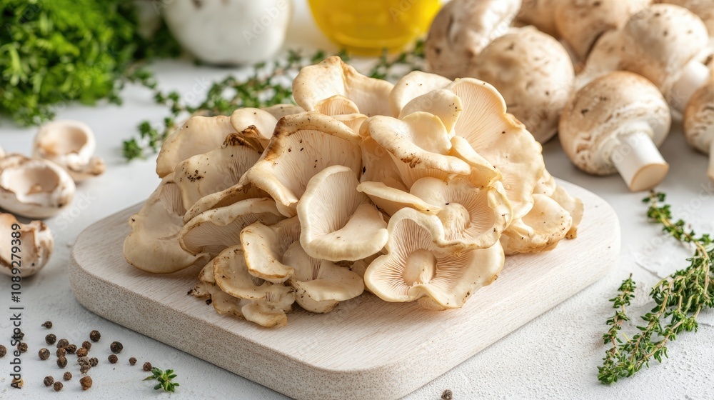 Oyster mushrooms arranged on a wooden cutting board with herbs and spices scattered on a white countertop, showcasing their delicate texture and creamy color. Oyster mushrooms arranged on a wooden cutting board with herbs and spices scattered on a white countertop, showcasing their delicate texture and creamy color.
