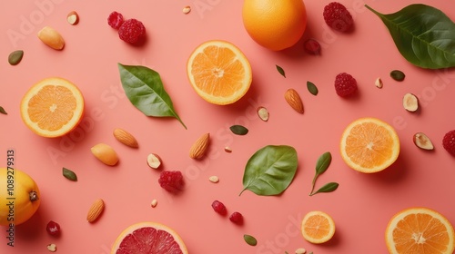 Vibrant flat lay of fresh fruits including oranges, raspberries, and nuts arranged on a coral background, emphasizing healthy cooking with ample negative space.