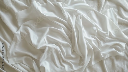 Crumpled white sheet elegantly draped over a cozy bed, showcasing soft textures and inviting warmth in a serene atmosphere.