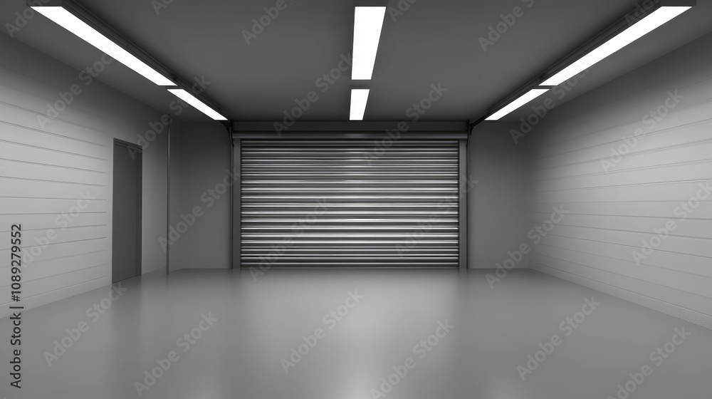 Minimalistic 3D garage interior showcasing metallic roller shutter door with sleek white walls and bright overhead lighting for a clean, spacious atmosphere. Minimalistic 3D garage interior showcasing metallic roller shutter door with sleek white walls and bright overhead lighting for a clean, spacious atmosphere.