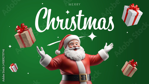 Merry Christmas background with an happy Santa Claus with gifts on a green Background