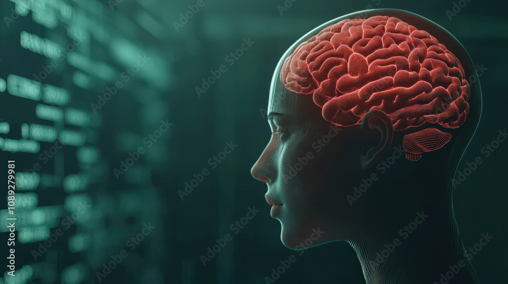 Fototapeta premium futuristic AI interface showcasing human like head with glowing brain, symbolizing advanced technology and cognitive analysis