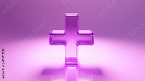 Shiny light purple translucent plus symbol on a bright solid background, reflecting light for a modern and stylish appearance.