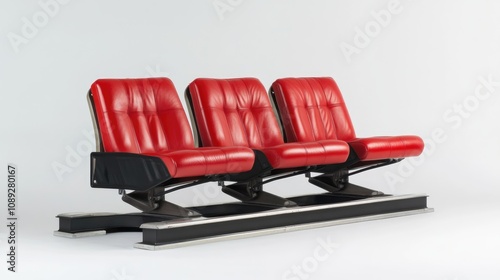 Vibrant red roller coaster seats featuring robust metal frames and plush leather upholstery, designed for durability and comfort. photo