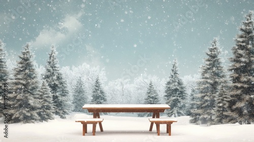 Winter wonderland scene with a wooden table and benches, surrounded by snow-covered pine trees under a gentle snowfall, perfect for festive holiday greetings.