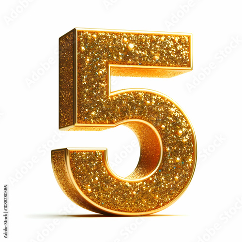 Golden 3d number 5 in glitter texture isolated on white background photo