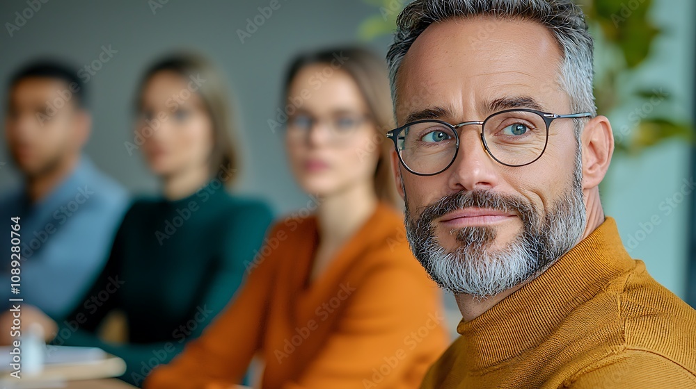 The group of employees are sitting attentively in the small meeting room The group of employees are sitting attentively in the small meeting room