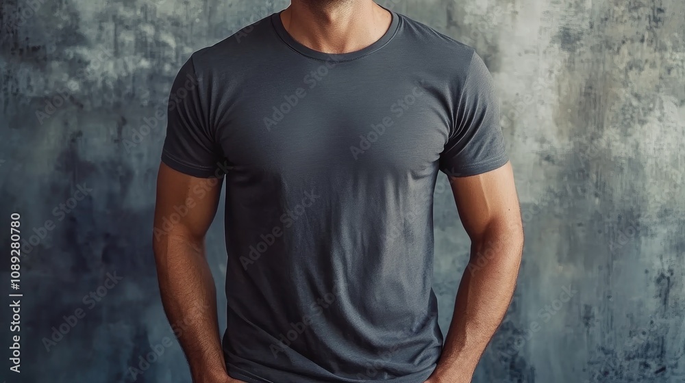 Man wearing a dark grey t-shirt standing confidently against a textured concrete background, hands casually tucked in pockets.