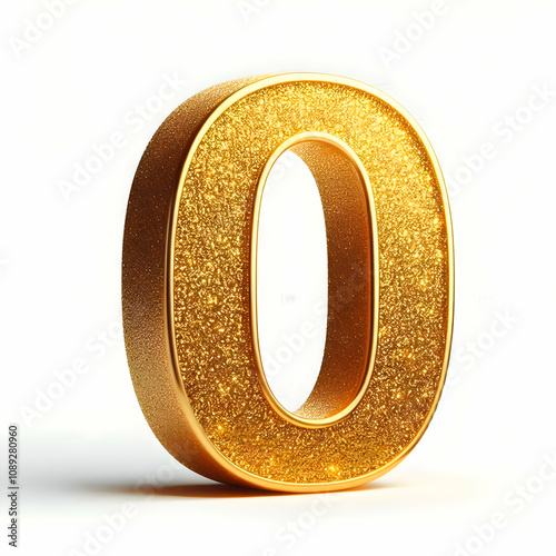 Golden 3d number 0 in glitter texture isolated on white background