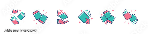 hand holding magical shining book icon set education library book dictionary study learning journal literature signs vector illustration for web and app