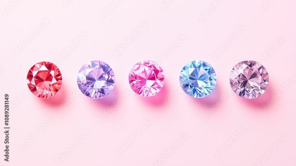 Five colorful gemstones in a row, featuring red, purple, pink, blue, and light purple hues, displayed against a soft pink background for a vibrant effect. Five colorful gemstones in a row, featuring red, purple, pink, blue, and light purple hues, displayed against a soft pink background for a vibrant effect.