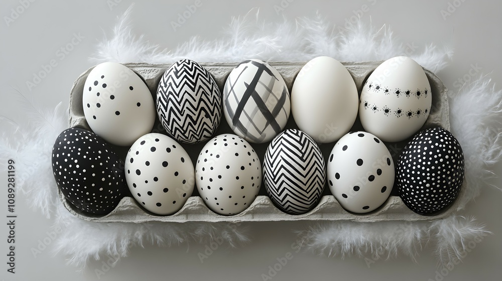 Black and white eggs with various geometric and dotted patterns arranged in a carton, surrounded by soft white and black feathers. Concept of modern Easter decoration, minimalism, and creativity Black and white eggs with various geometric and dotted patterns arranged in a carton, surrounded by soft white and black feathers. Concept of modern Easter decoration, minimalism, and creativity