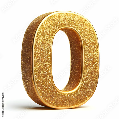 Golden 3d number 0 in glitter texture isolated on white background photo