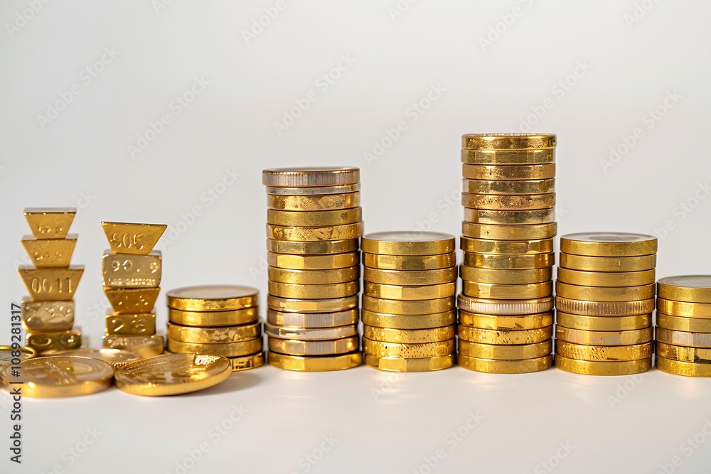 Gold bars and coins isolated on white background. Gold bars and coins isolated on white background.
