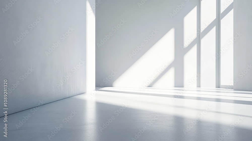 Minimalist interior showcasing dramatic light and shadow interplay with large windows casting long, soft shadows on a smooth, light-colored floor. Minimalist interior showcasing dramatic light and shadow interplay with large windows casting long, soft shadows on a smooth, light-colored floor.