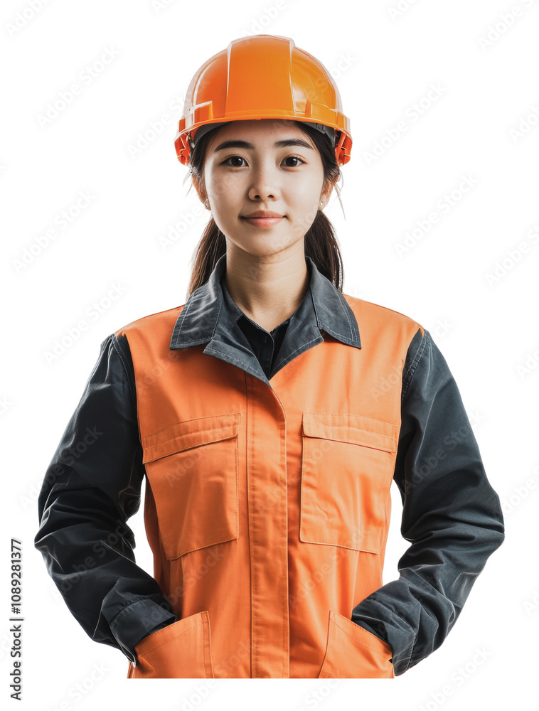 PNG Young female construction worker in safety gear PNG Young female construction worker in safety gear