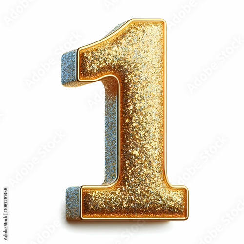 Golden 3d number 1 in glitter texture isolated on white background photo