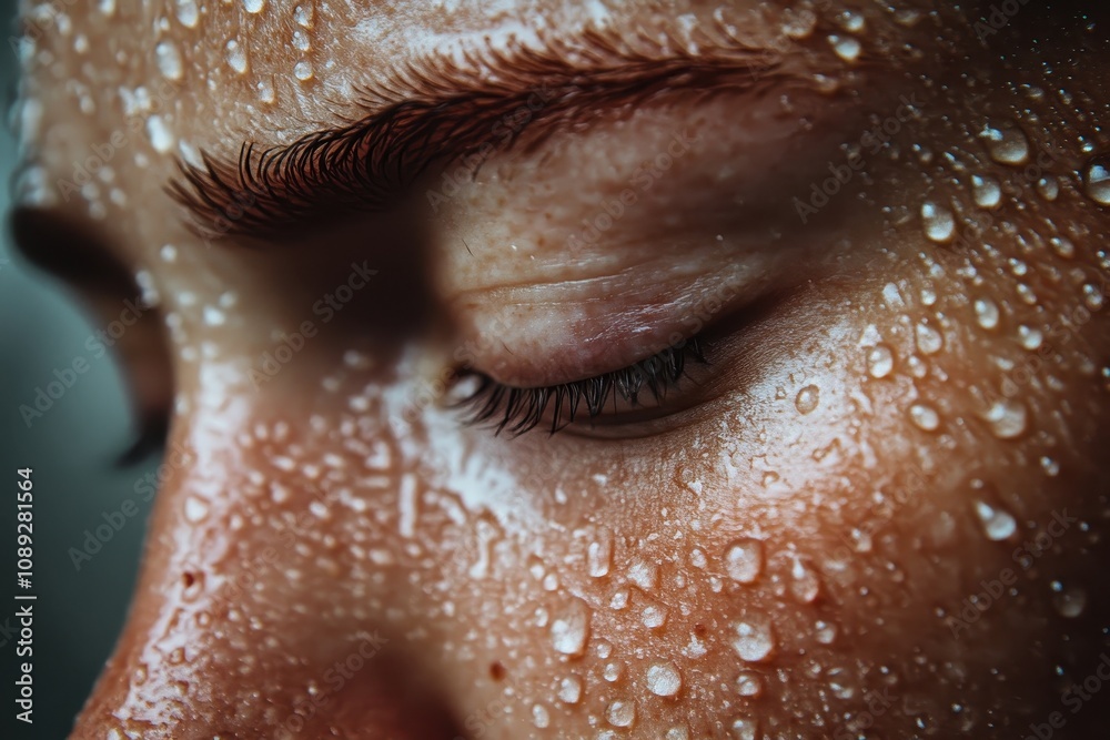 Close-up of person's face with water droplets on skin Close-up of person's face with water droplets on skin