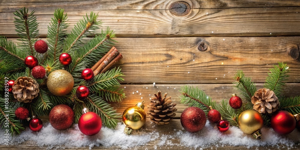 Rustic Wooden Background with Evergreen Branches, Pine Cones, Red and Gold Ornaments, and a Scattering of Snow
