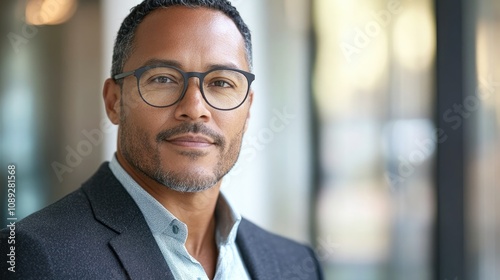 Confident CEO in glasses exuding transformative leadership, set against a softly blurred background, highlighting professionalism and charisma.