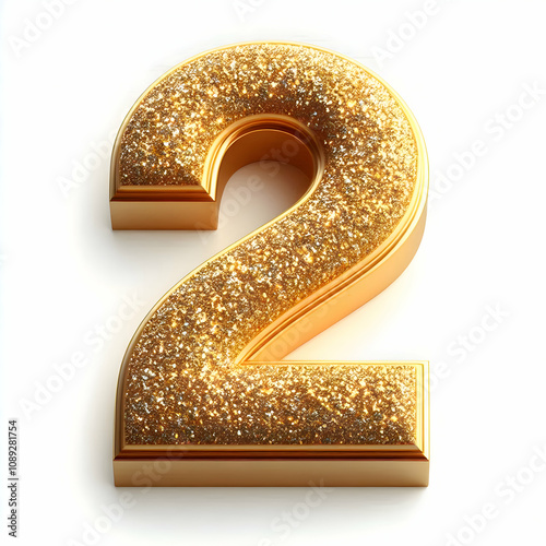 Golden 3d number 2 in glitter texture isolated on white background photo