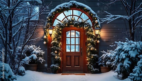 A cozy and festive Christmas-decorated front porch with a wreath on the door, Christmas decorations, Festive front door, Christmas wreath, New Year decoration, created with generative ai 