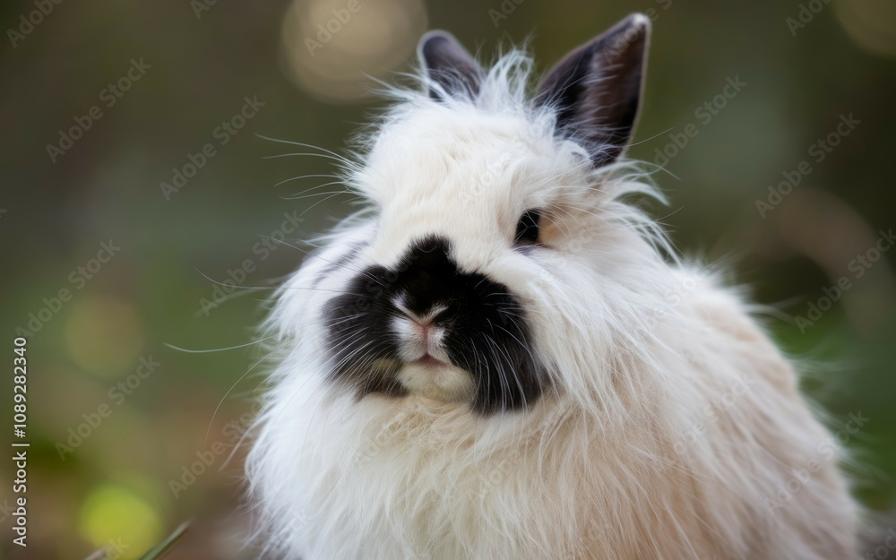 Fototapeta premium Fluffy lionhead rabbit. Adorable lionhead bunny, a symbol of gentleness and purity. Its fluffy fur and charming face evoke feelings of warmth and comfort.