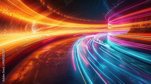 Abstract speed, light trails, dynamic motion, vibrant colors, energy, futuristic, technology, racing, curve, glow, streaks.