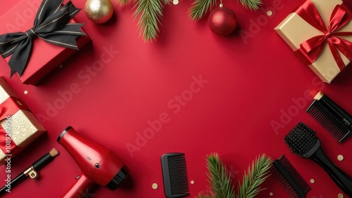 Combs, hair dryer, scissors on a red background, concept for a greeting card for a hairdresser for Christmas and New Year, space for text