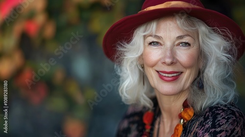 Charming mature woman with silver hair wearing a red hat and necklace, showcasing a warm and inviting smile against a blurred floral background.