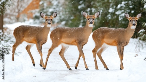 Three white-tailed deer walking along a snow-covered park trail, their coats dusted with snowflakes as they search for food in a winter landscape.