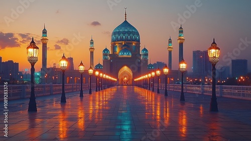 Obraz na płótnie Illuminated mosque at sunset. w salonie