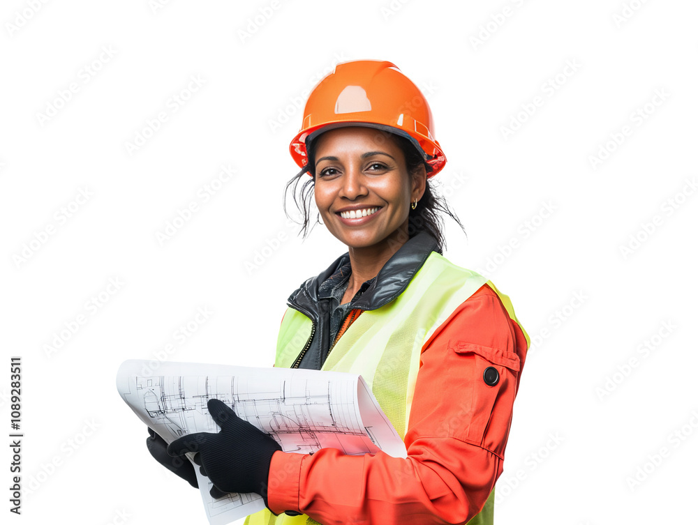 A woman wearing a safety vest and a hard hat is smiling while holding a piece of paper. Concept of confidence and positivity, as the woman is proud of her work or accomplishment A woman wearing a safety vest and a hard hat is smiling while holding a piece of paper. Concept of confidence and positivity, as the woman is proud of her work or accomplishment