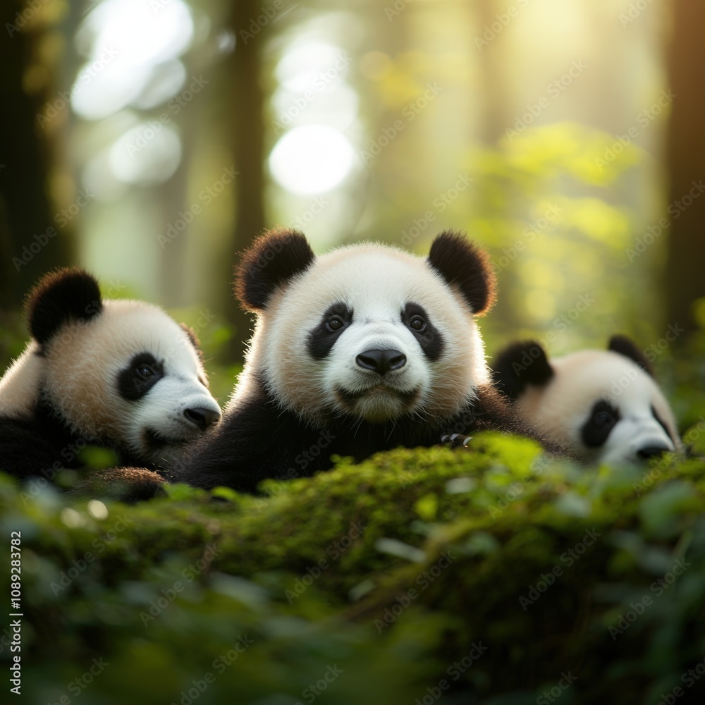 adorable pandas resting in a lush green forest adorable pandas resting in a lush green forest