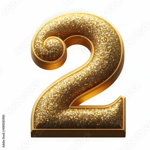 Golden 3d number 2 in glitter texture isolated on white background photo