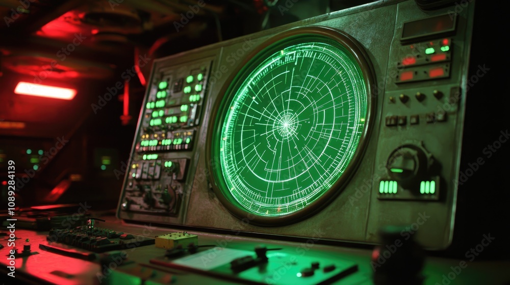 Fototapeta premium Vintage ship bridge dashboard with green radar display and control panels illuminated in red and green lights, creating a retro nautical atmosphere.