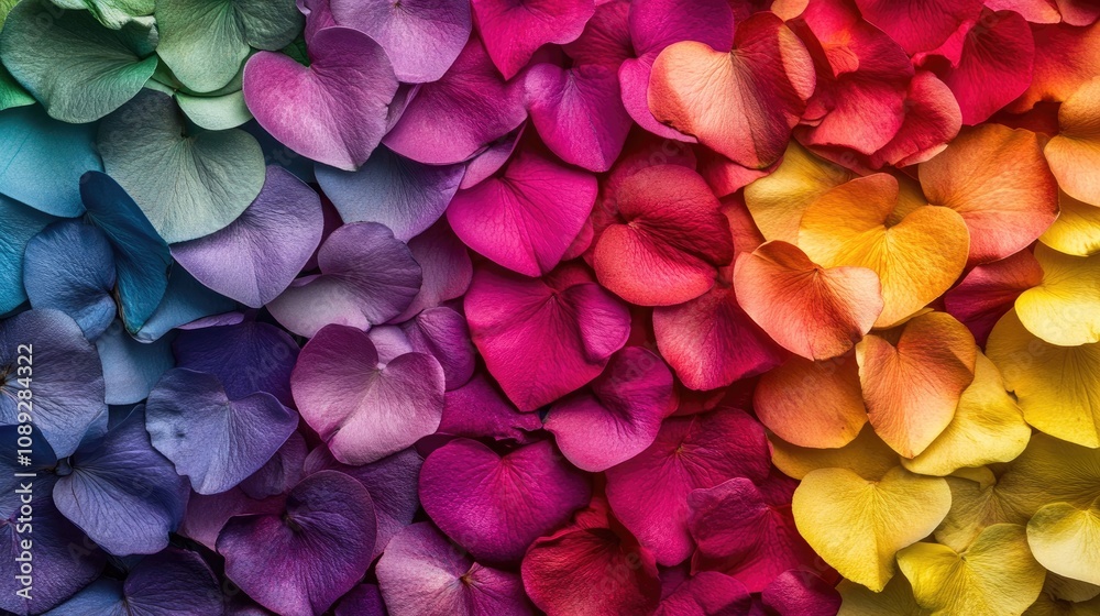 Fototapeta premium Vibrant heart-shaped flower petals in rich colors, creating a romantic backdrop perfect for celebrations like Valentine’s Day and Mother’s Day.