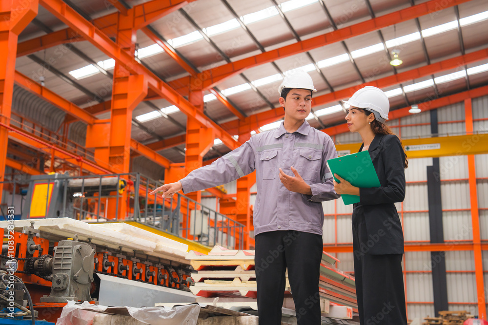 A male expertise engineering is explaining about the quality of metal sheet machine of industry to female inspector and Mechanic or technician in manufacturing or factory, Business's safety check. A male expertise engineering is explaining about the quality of metal sheet machine of industry to female inspector and Mechanic or technician in manufacturing or factory, Business's safety check.