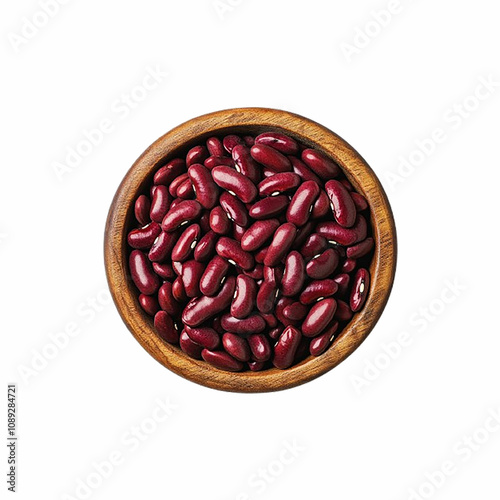  wooden bowl with red beans in it with a white background.