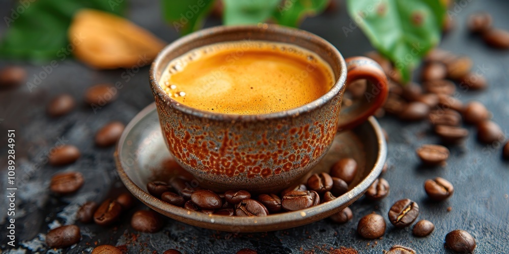 Coffee Cup on a Dark Background Surrounded by Beans Coffee Cup on a Dark Background Surrounded by Beans
